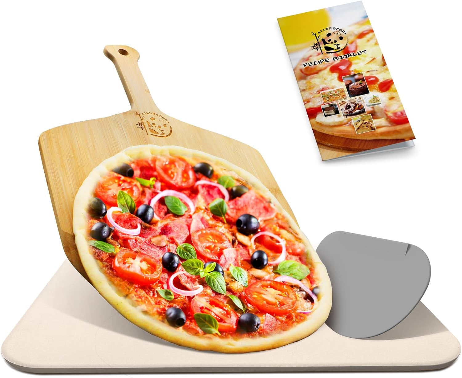 AILUROPODA 15 X 12 Pizza Stone with Bamboo Pizza Peel and Scraper, Rectangular Pizza Grilling Stone for Oven, Grill and BBQ Baking Stone