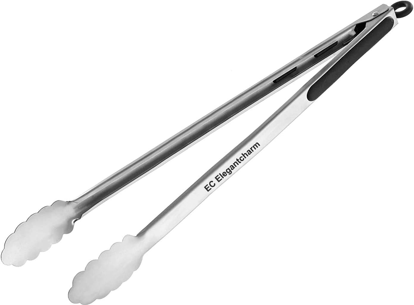 EC ELEGANTCHARM BBQ Tongs for Grilling, 17" Long Kitchen Cooking Stainless Steel Heavy Duty Locking Grill Tongs with Soft Grip Silicone Handle