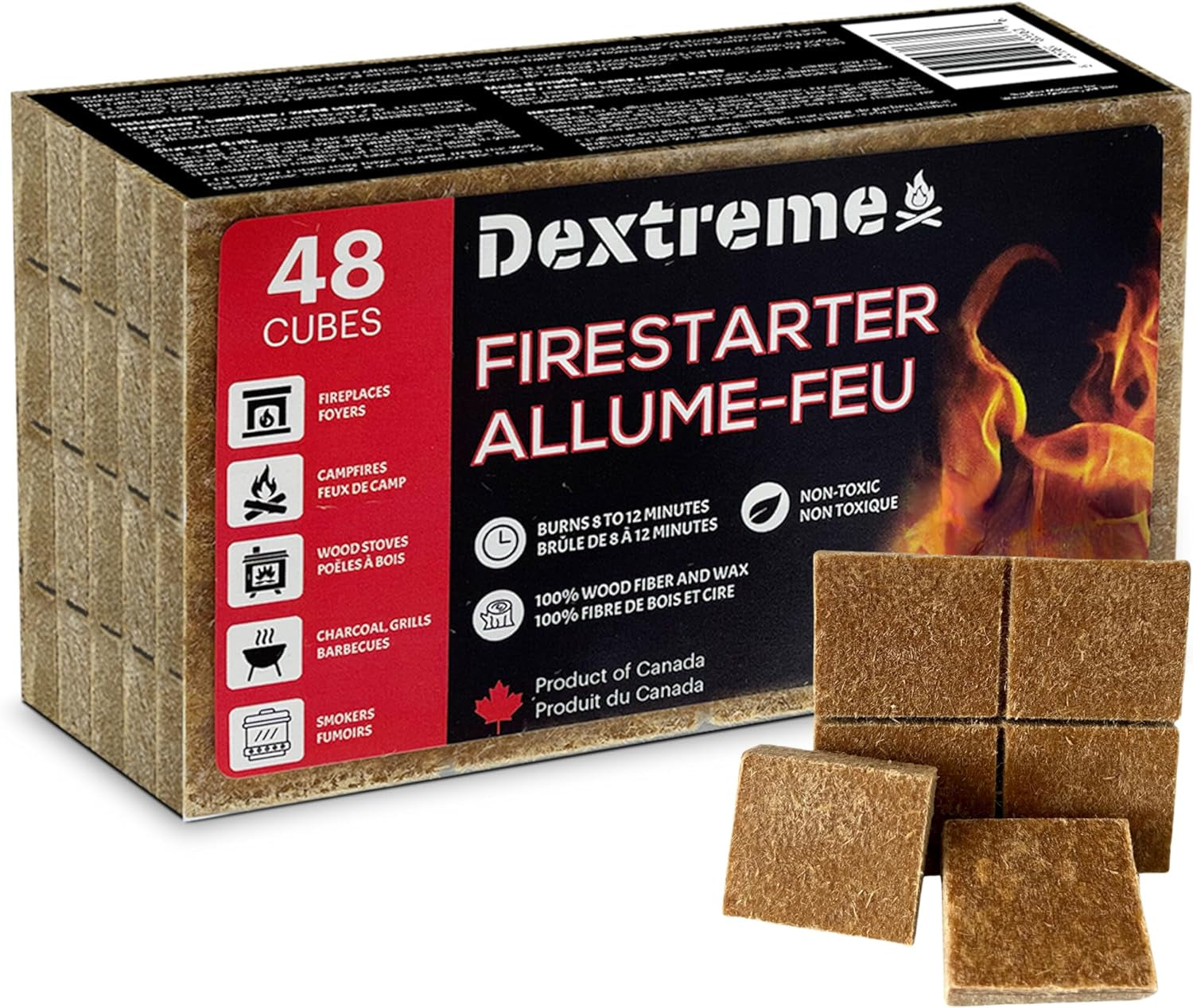 Dextreme Natural Fire Starter, 48 Cubes, Perfect for BBQ, Campfires, Charcoal, Wood Stoves, Grill Pit, Fireplace,Smokers - Easy to Ignite, Non-Toxic, Waterproof, Made in Canada from Wood Fiber and Wax