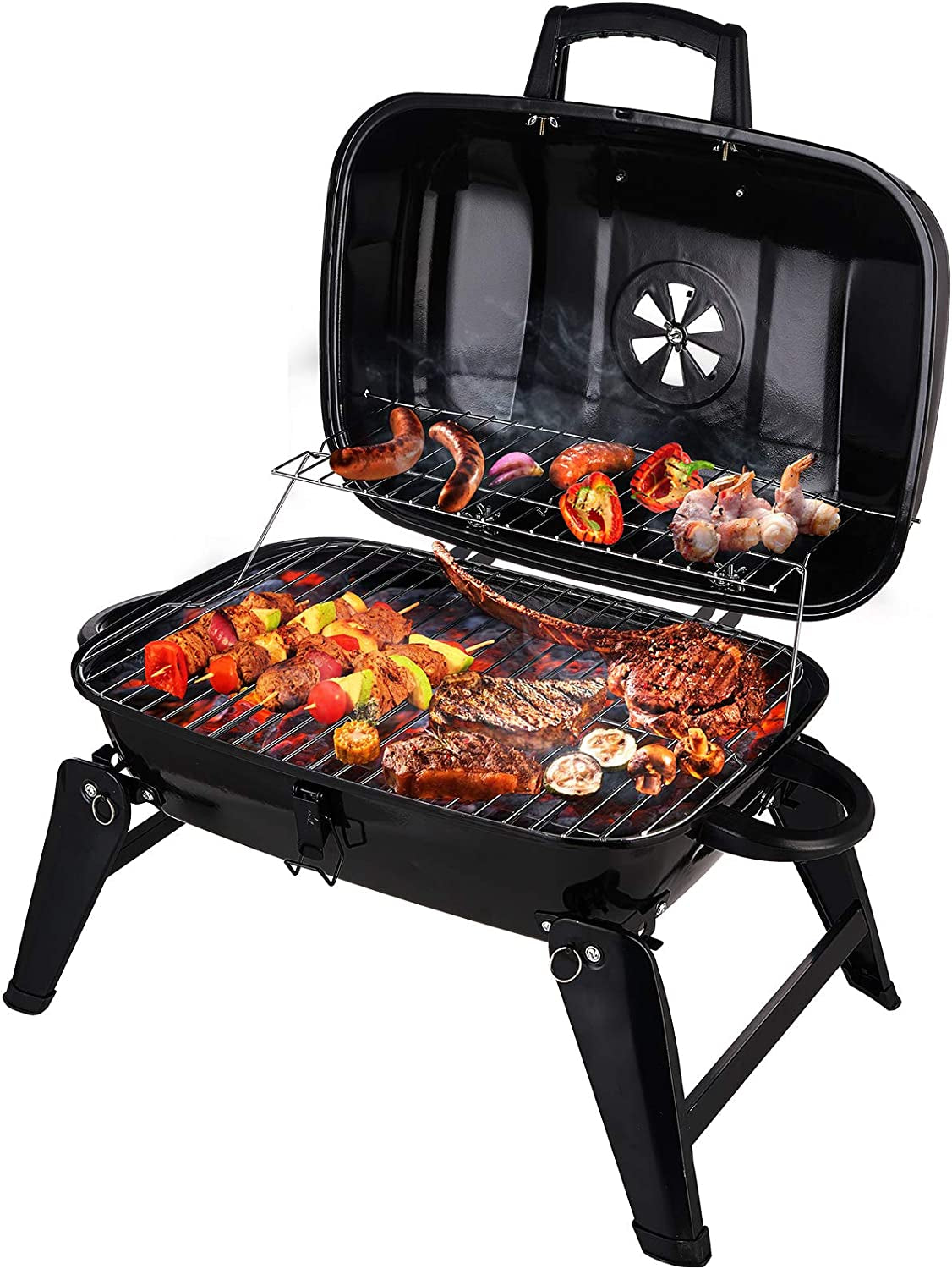 CUSIMAX Charcoal BBQ Grill Portable Grill and Smoker with Lid Folding Tabletop Grill for Camping Patio Backyard and Anywhere Outdoor Cooking, 18 Inch, Black