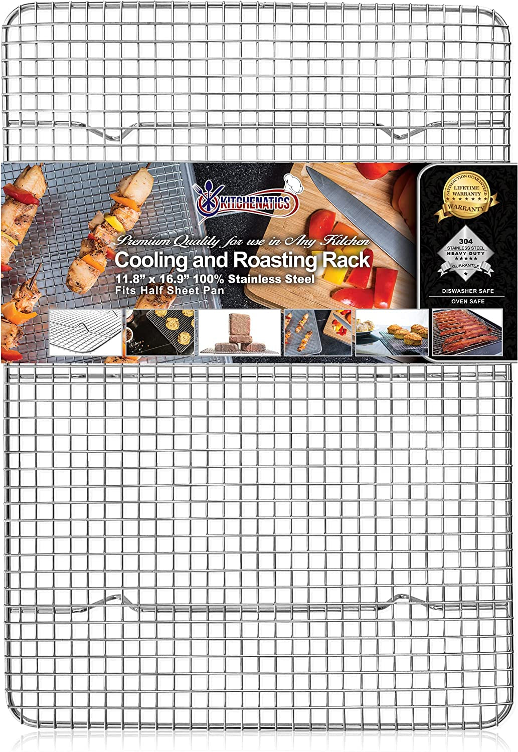 KITCHENATICS Half Sheet Cooling Rack for Cooking & Baking, Stainless Steel Baking Rack & Wire Rack, Bacon Grill Rack for Oven, Heavy-Duty Wire Cookie Cooling Rack Fits Half Sheet Pan, 11.8" X 16.9" IN