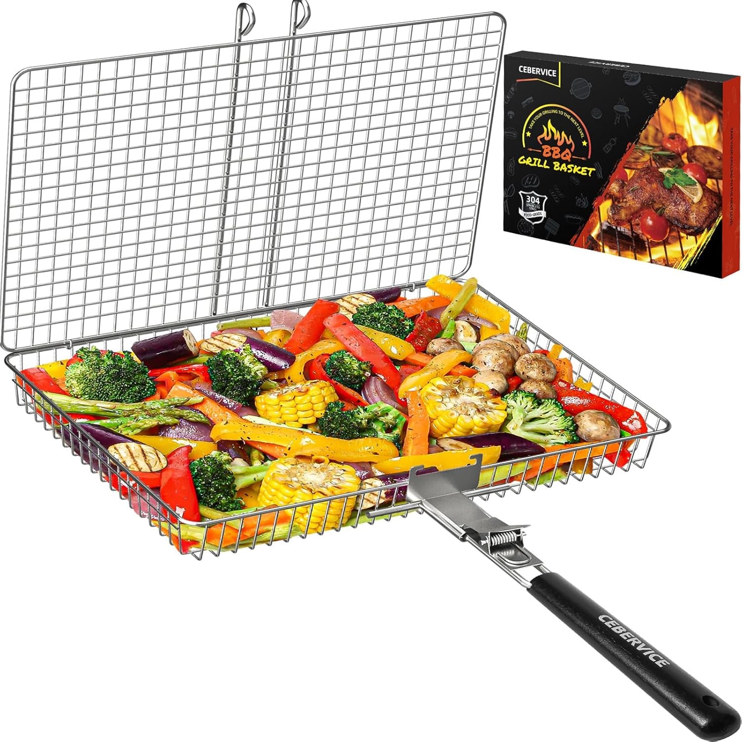 CEBERVICE Grill Basket Extra Large, SUS304 Stainless Steel, Portable Folding BBQ Camping Grilling Rack for Fish, Vegetables, Shrimp, Barbeque Griller Cooking Accessories, Grilling Gifts for Men, Dad